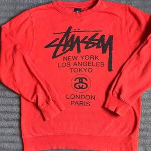 Stussy Small Orange-ish Red World Tour Unisex Crewneck Sweatshirt